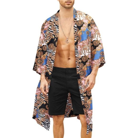 Swim Mens Lightweight Kimono Robe Jacket Printed Japanese Style